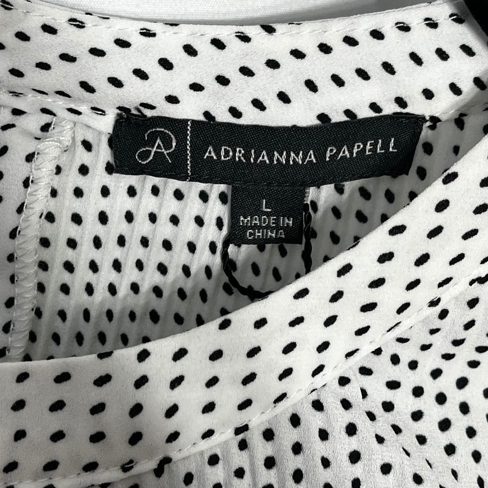 Adrianna Papell Women Pleated Georgette Blouse Polka Dot White Black L NWT - Picture 7 of 10